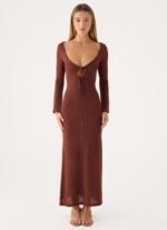 Amarise Knit Tie Front Maxi Dress - Chocolate