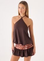 Melosa Beaded Halter Mini Dress - Chocolate