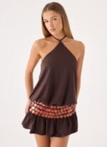 Melosa Beaded Halter Mini Dress - Chocolate - Image 7
