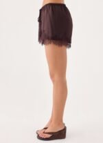 Tarina Lace Trim Mini Shorts - Chocolate - Image 4